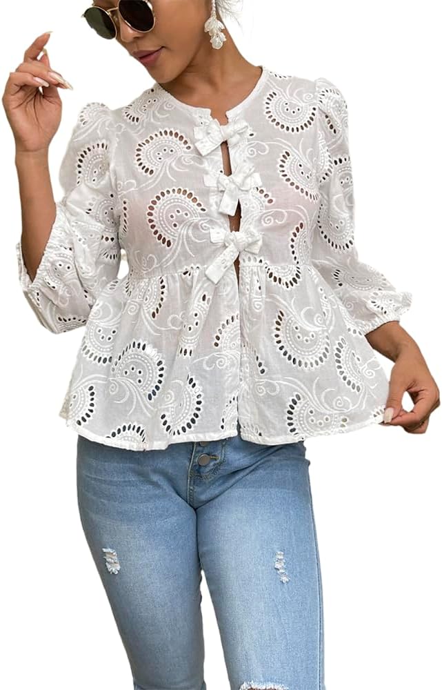 Women's Lace 3/4 Length Puff Sleeve Peplum Tops (Buy 2 Free Shipping)