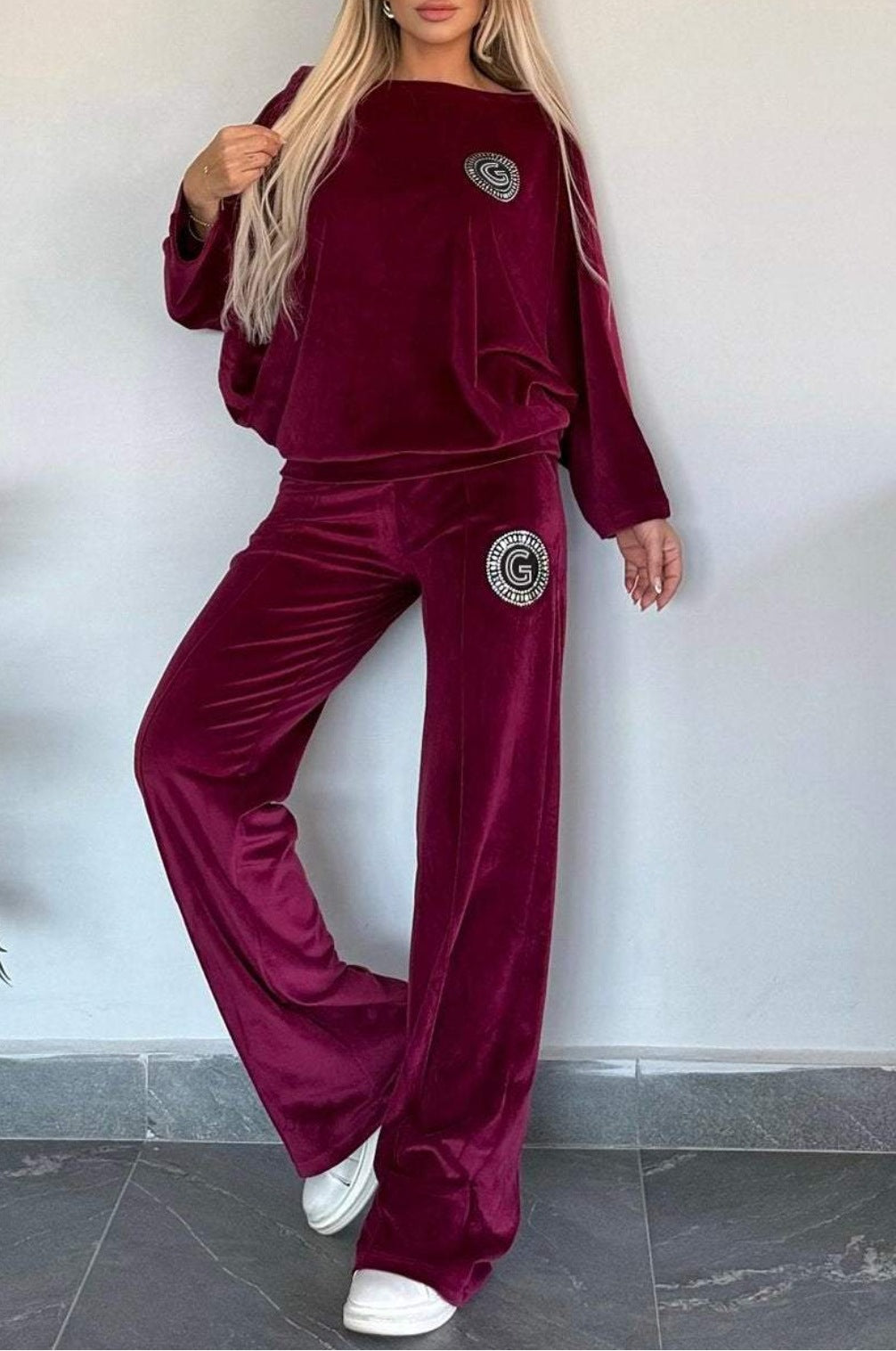 2025 European and American Cross-border Explosions Women's Spring and Autumn Golden Velvet Solid Color Crewneck Bat Sleeve Casual Two-piece Women's Clothing