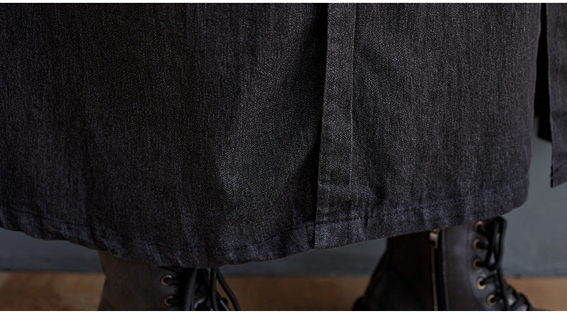 Loose Pleated Stand Collar Denim Midi Dress