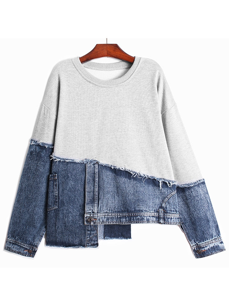 Loose Fit Denim Irregular Sweatshirt New Round Neck Long Sleeve Women Big Size Fashion Tide Spring Autumn