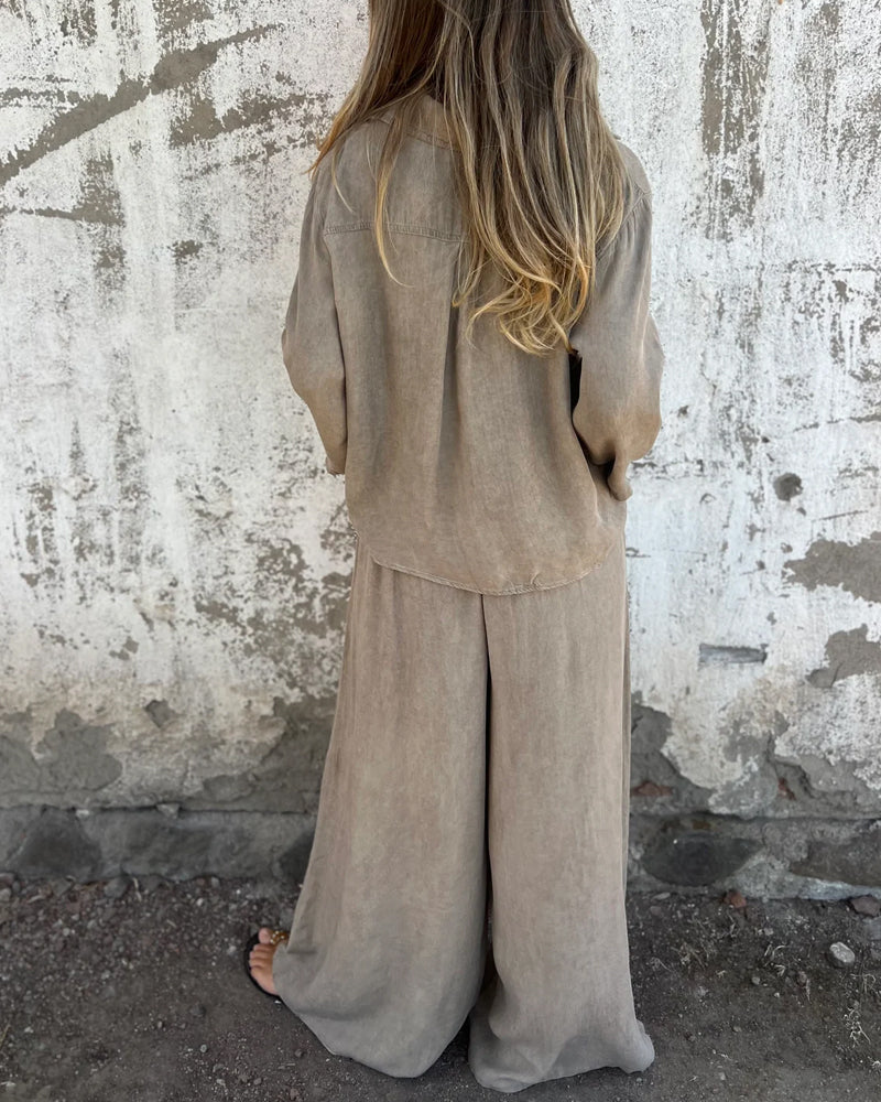 Casual Solid Shirt & Wide Leg Two-Piece Set