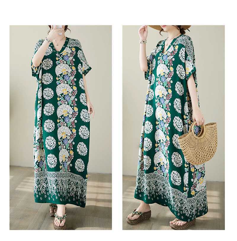 Retro Printed V-Neck Short Sleeve Maxi Dress