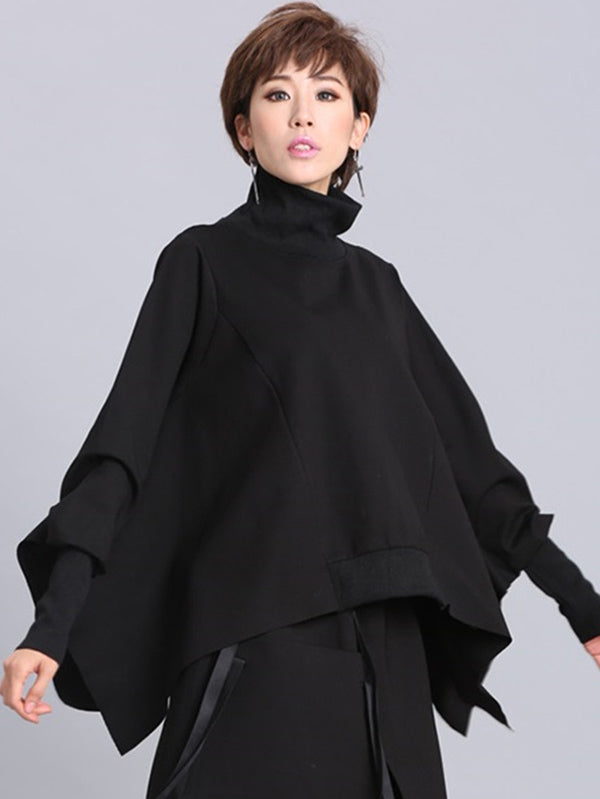 Solid Color Asymmetric High-Neck Loose Batwing Sleeve Sweatshirt