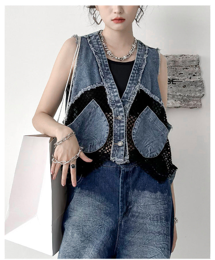 Vintage Mesh Splicing Denim Vest