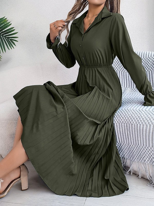 A-Line Flared Sleeves Buttoned Elasticity Pleated Solid Color Lapel Maxi Dresses