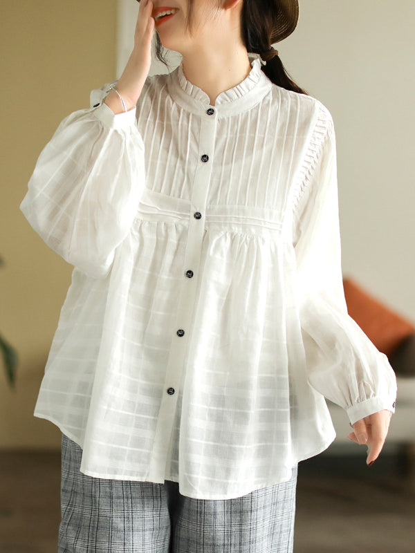 Literary Splicing Bubble Sleeve Cotton Shirt