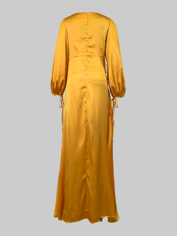 Look-Thin Pleated Solid Color V-Cut Long Sleeves Maxi Dresses