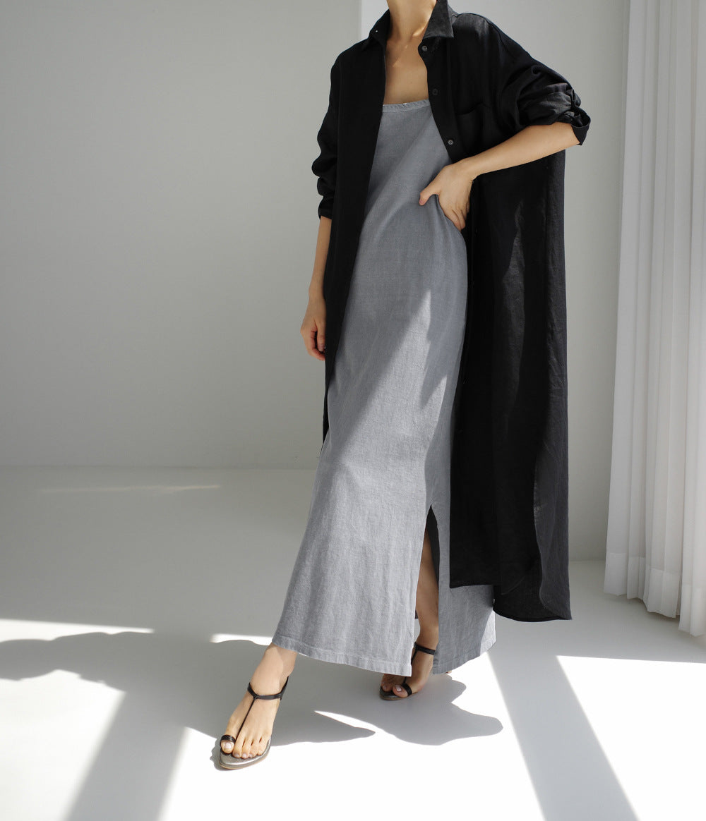 Simple Cotton Linen Long Sleeve Midi Dress