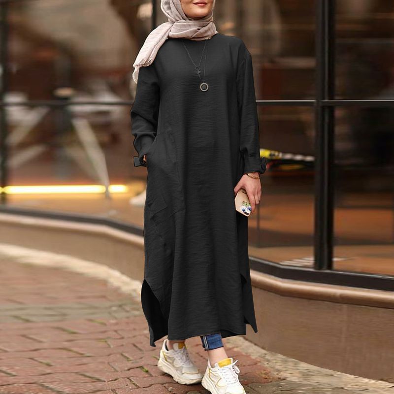 Simple Solid Color Long Sleeve Round Neck Midi Dress