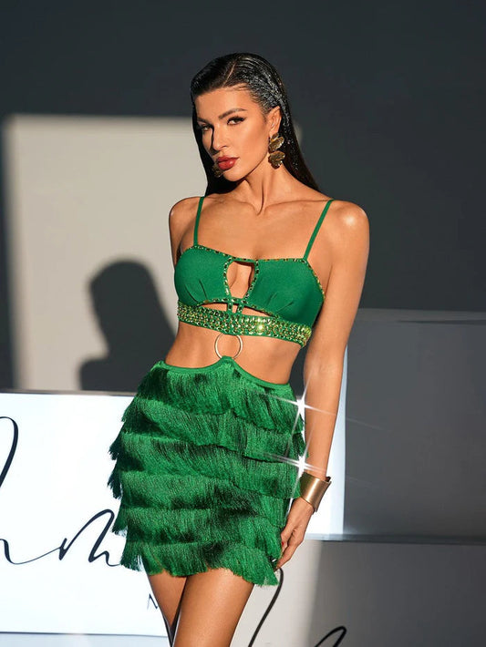 Women Sexy Rhinestone Cutout Fringe Bandage Dress In Green