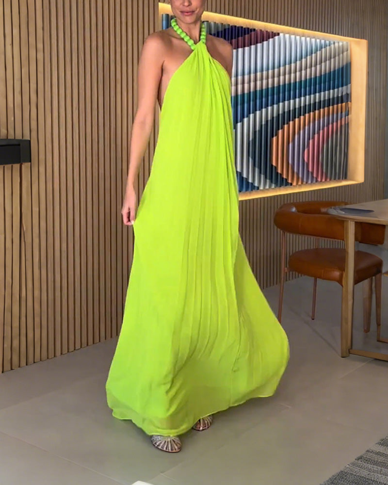 Chiffon Pleated Neck Backless Dress