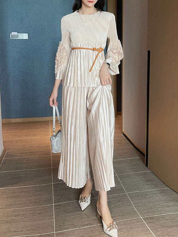 Loose Beaded Belted Pleated Split-Joint Round-Neck T-Shirt Top + Ninth Pants Bottom Two Pieces Set