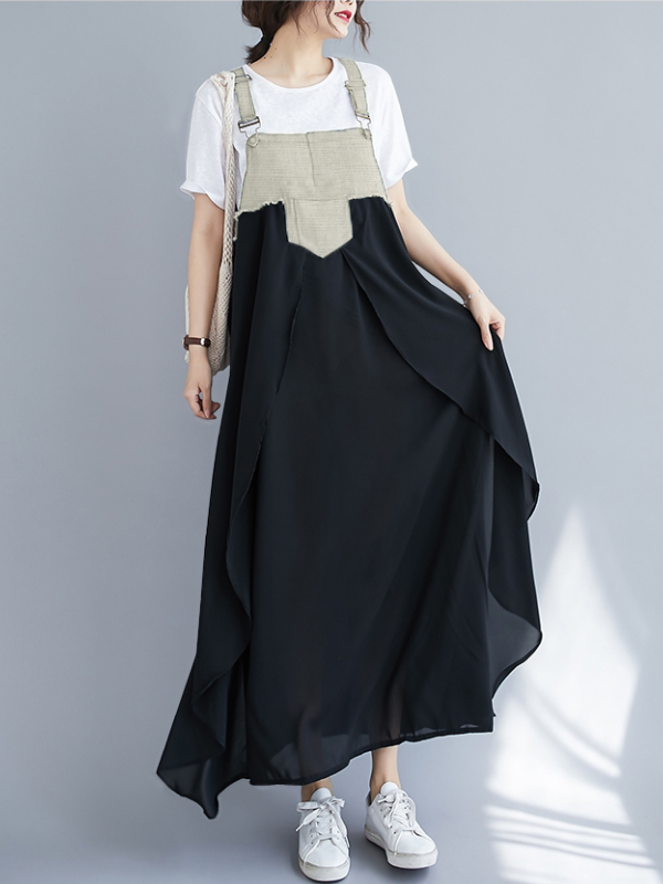 Loose Denim Splicing Suspender Maxi Dress