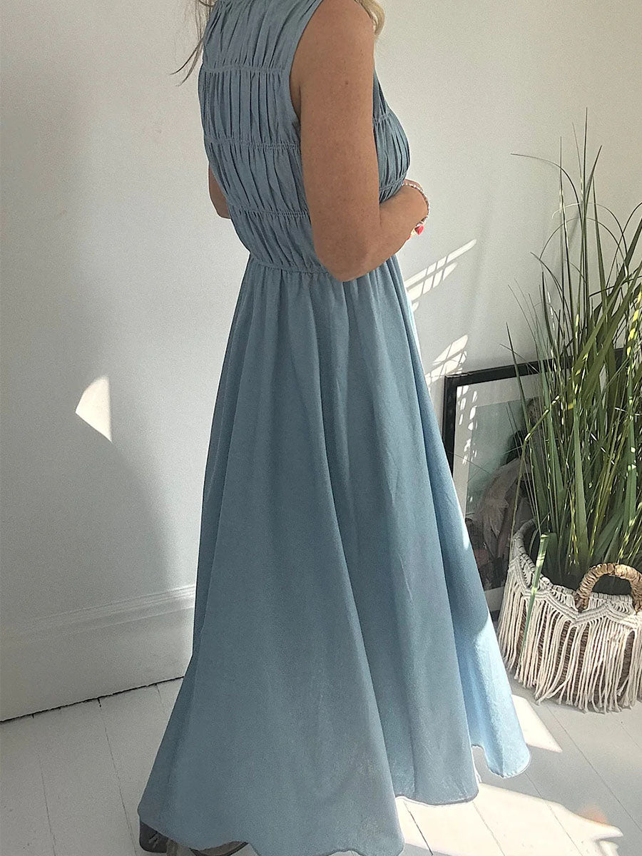 Sleeveless pleated cotton and linen dress