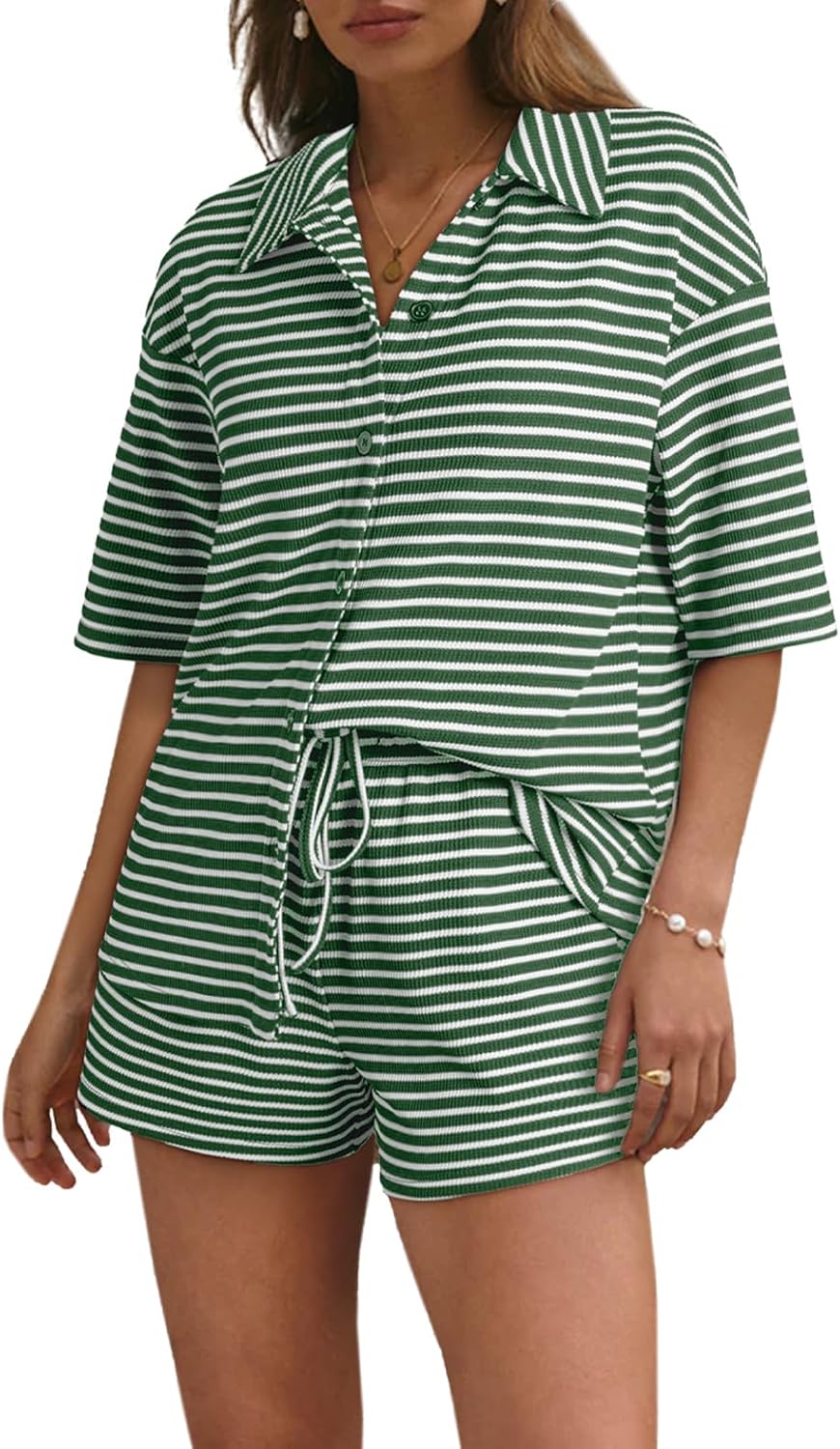 Casual Knitted Striped Short Sleeve Pajama Set (Buy 2 Free Shipping)