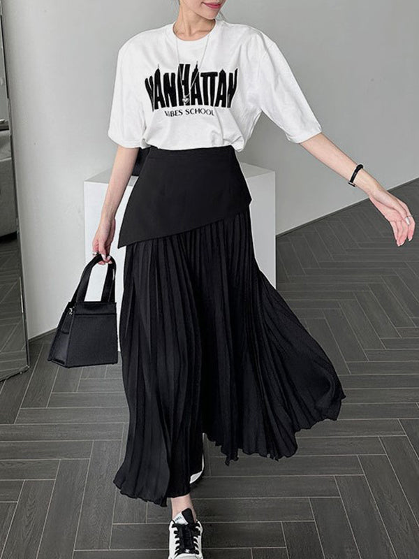 A-Line Loose Contrast Color Pleated Split-Joint Skirts Bottoms