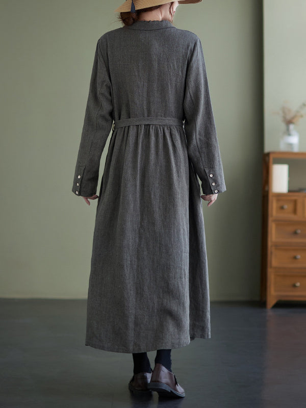 Retro Solid Color Long Sleeve Maxi Dress