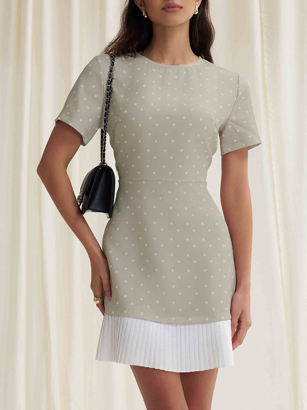 A-Line High Waisted Pleated Polka-Dot Split-Joint Round-Neck Mini Dresses