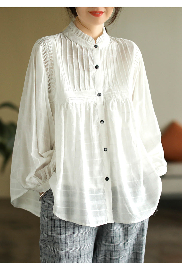 Literary Splicing Bubble Sleeve Cotton Shirt