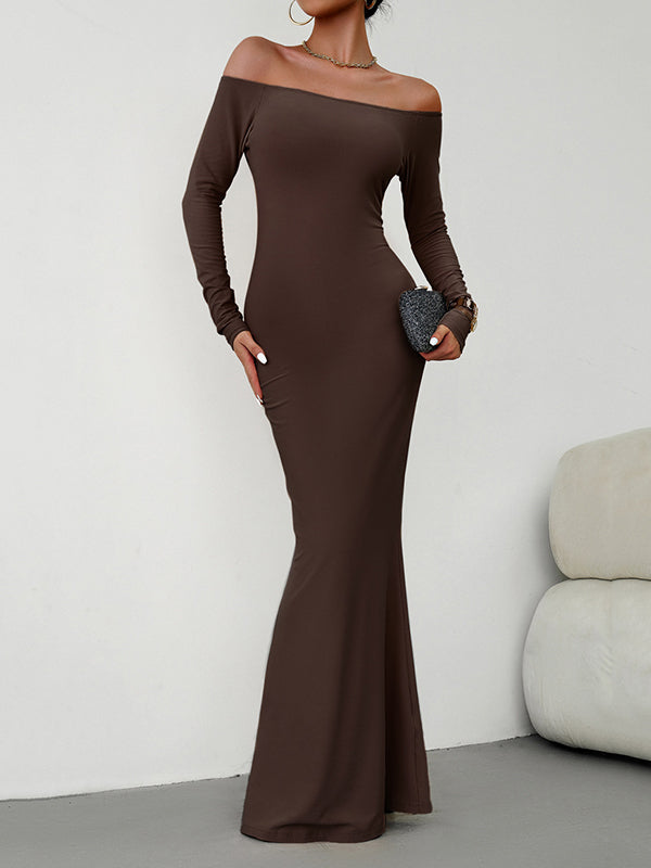 Bodycon Long Sleeves See-Through Solid Color Off-The-Shoulder Maxi Dresses