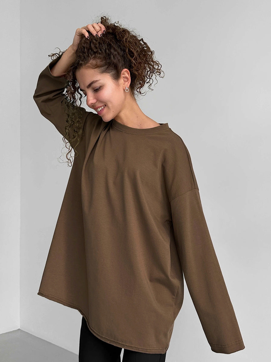 Women's cotton T-shirt spring and autumn loose solid color Oversize round neck long sleeve loose top