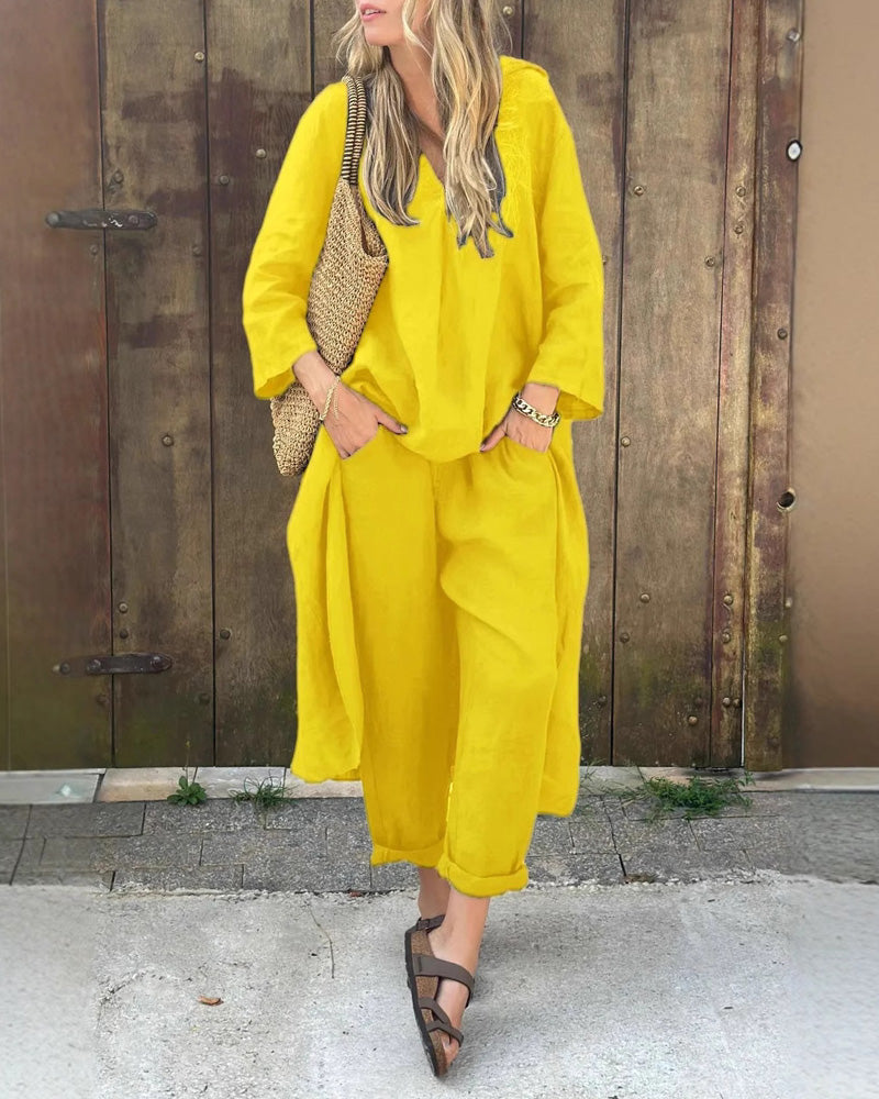 Solid Color Irregular Length Top & Pants Two-Piece Set