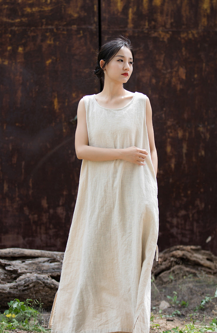 Simple Ramie Sleeveless Lace-up Midi Dress