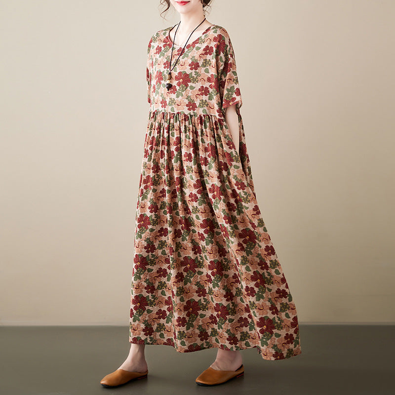 Ethnic Style Floral Print Short Sleeve Round Neck Maxi Dress
