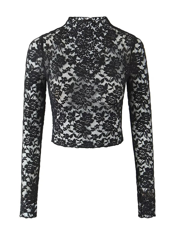 Long Sleeves See-Through Solid Color Mock Neck T-Shirts Tops + Split-Joint Asymmetric High Waisted Skirts Bottom Two Pieces Set