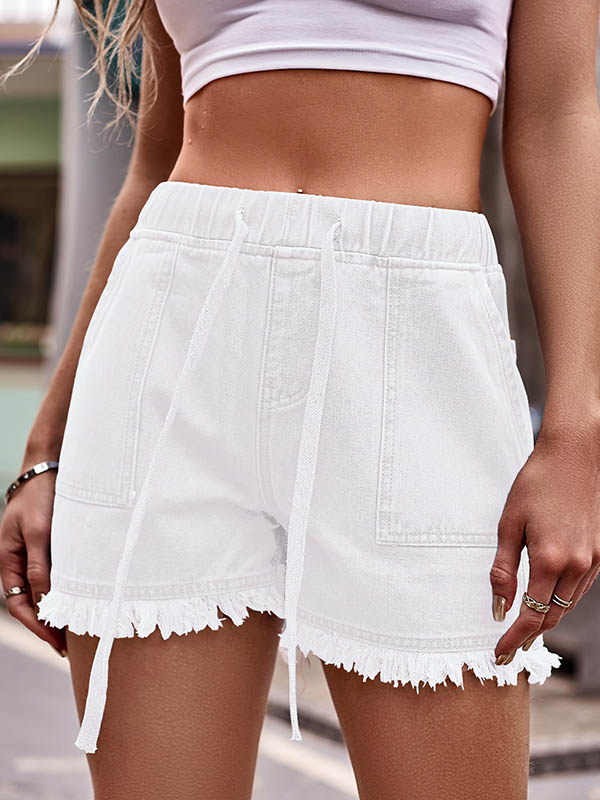 High Waisted Loose Drawstring Elasticity Fringed Pockets Jean Pants Bottoms Shorts Bottoms