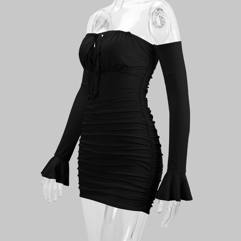 Women's lace-up off-shoulder long sleeve slim fit sheath sexy dress casual party
