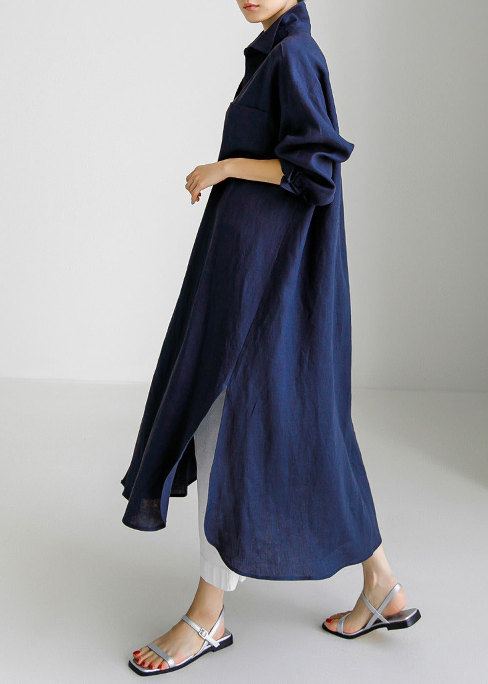 Simple Cotton Linen Long Sleeve Midi Dress