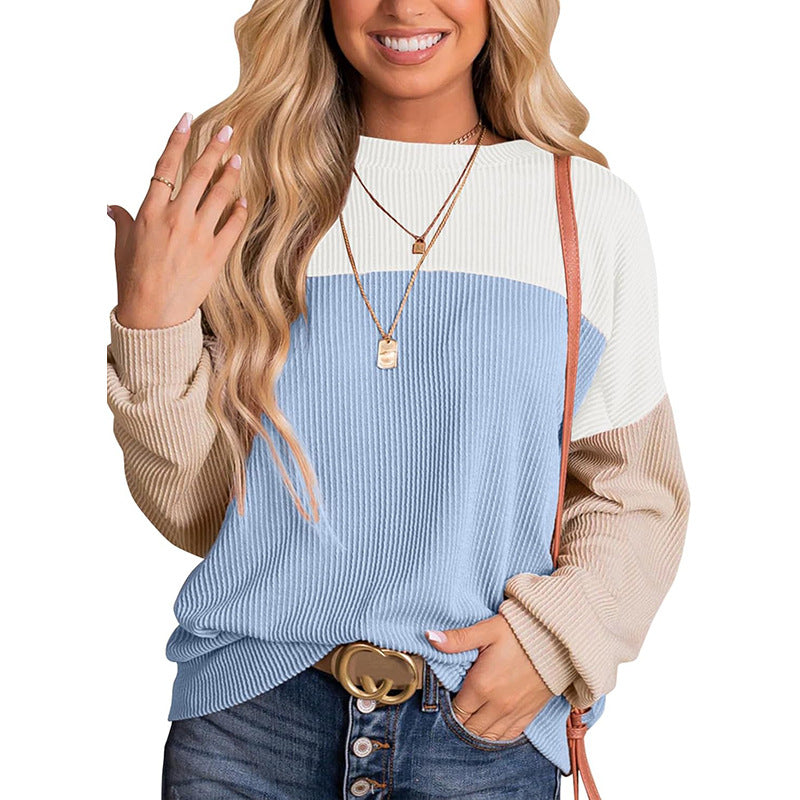 Women's Color Block Long Sleeve Crewneck Ribbed Tops (Buy 2 Free Shipping)