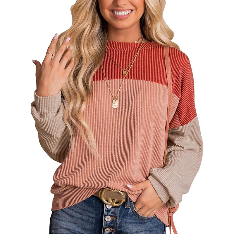 Women's Color Block Long Sleeve Crewneck Ribbed Tops (Buy 2 Free Shipping)