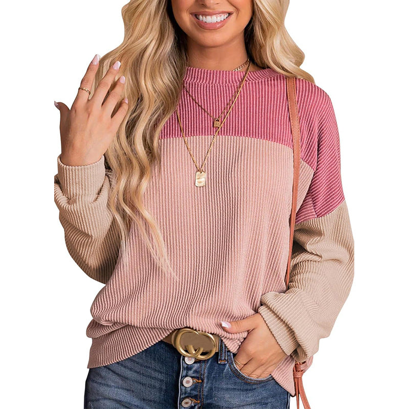 Women's Color Block Long Sleeve Crewneck Ribbed Tops (Buy 2 Free Shipping)