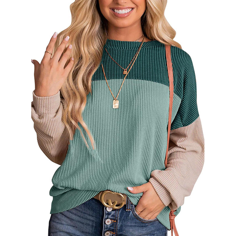 Women's Color Block Long Sleeve Crewneck Ribbed Tops (Buy 2 Free Shipping)