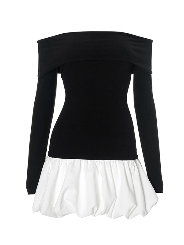 High Waisted Long Sleeves Contrast Color Pleated Split-Joint Off-The-Shoulder Mini Dresses