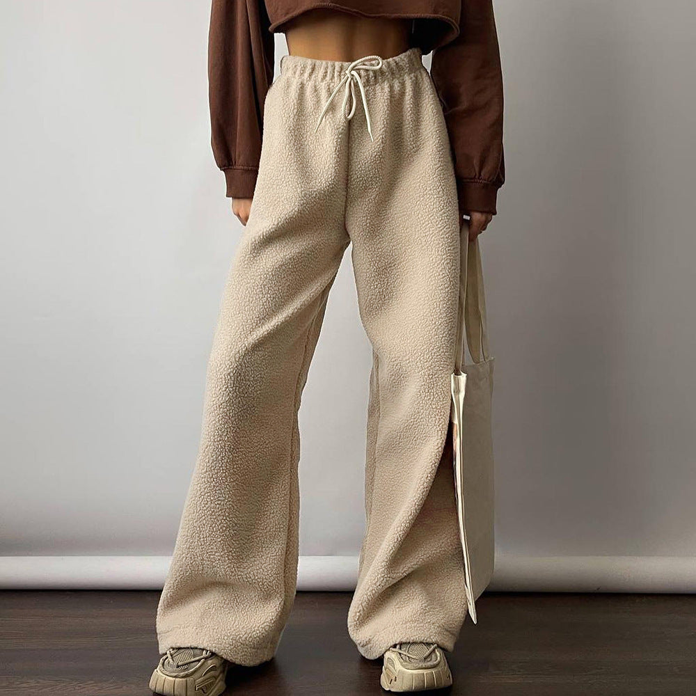 Lamb wool wide-leg trousers autumn and winter women's casual commute baggy straight trousers