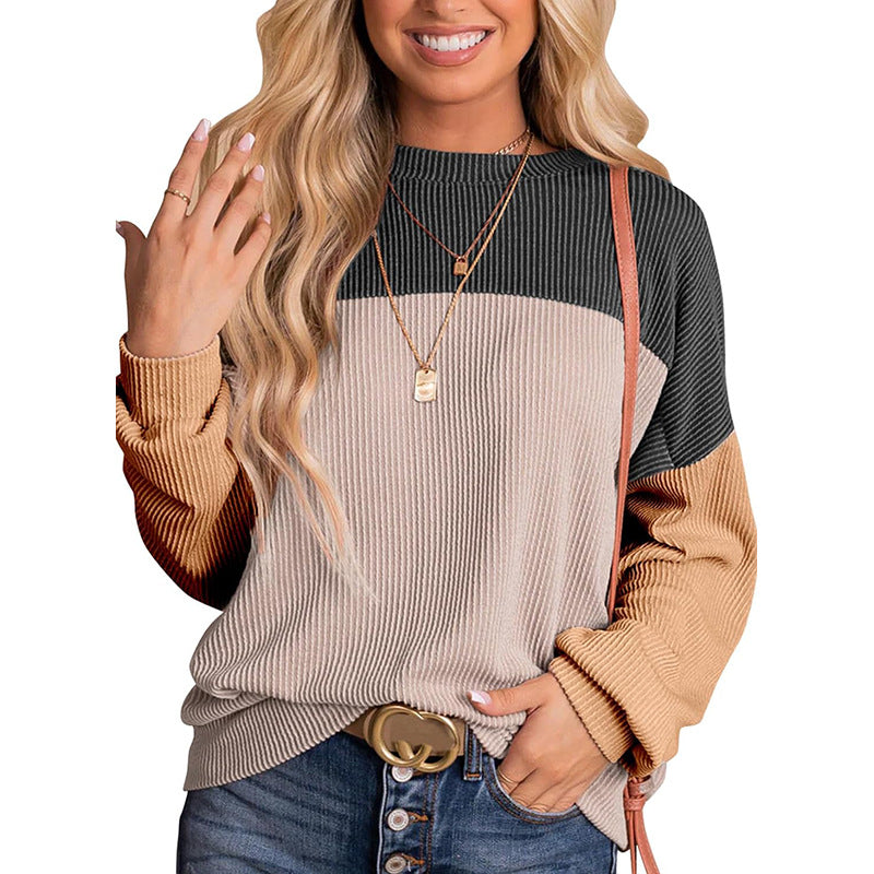 Women's Color Block Long Sleeve Crewneck Ribbed Tops (Buy 2 Free Shipping)