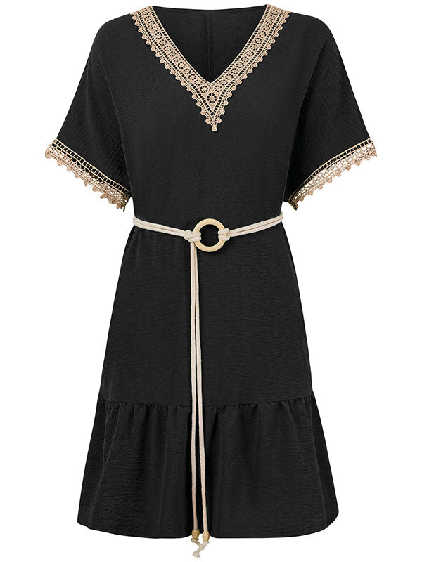 Short Sleeves Belted Split-Joint V-neck Mini Dresses