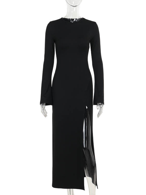 Long Sleeves Loose Asymmetric Solid Color Split-Joint Split-Side Round-Neck Maxi Dresses