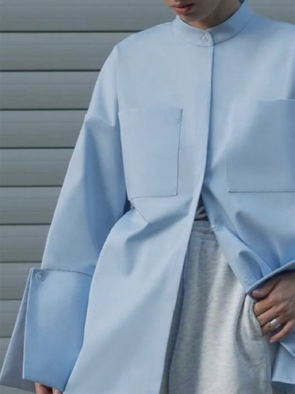 Long Sleeves Loose Buttoned Pockets Solid Color Stand Collar Blouses&Shirts Tops