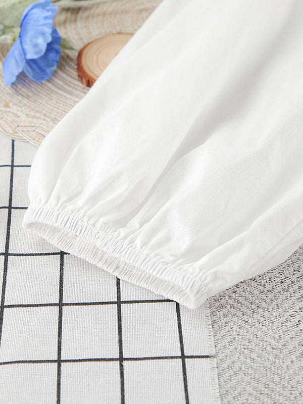 Loose Puff Sleeves Lace-Up Pleated See-Through Solid Color V-Neck Mini Dresses Sleep Dress