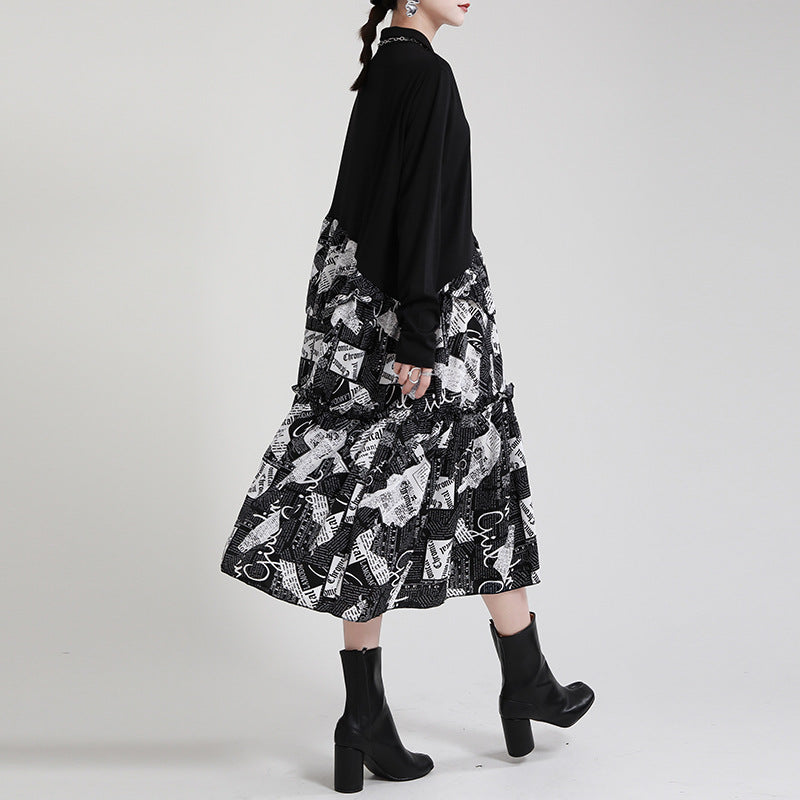Irregular Splicing Long Sleeve Midi Dress
