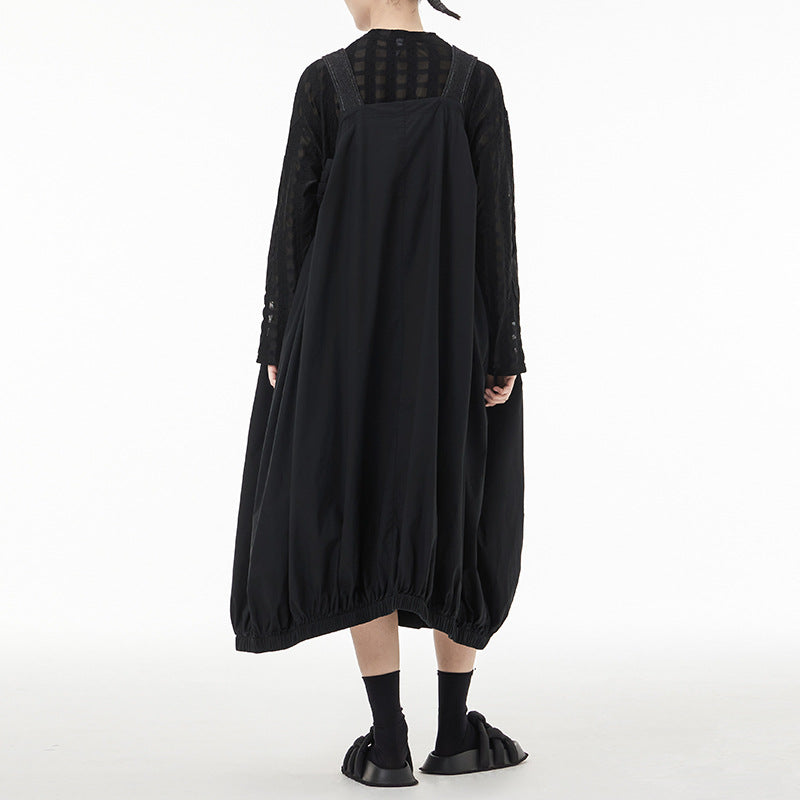 Vintage Splicing Denim Suspender Midi Dress