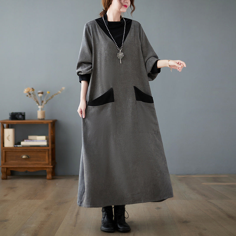 Literary Splicing Knit High Collar Midi Dress