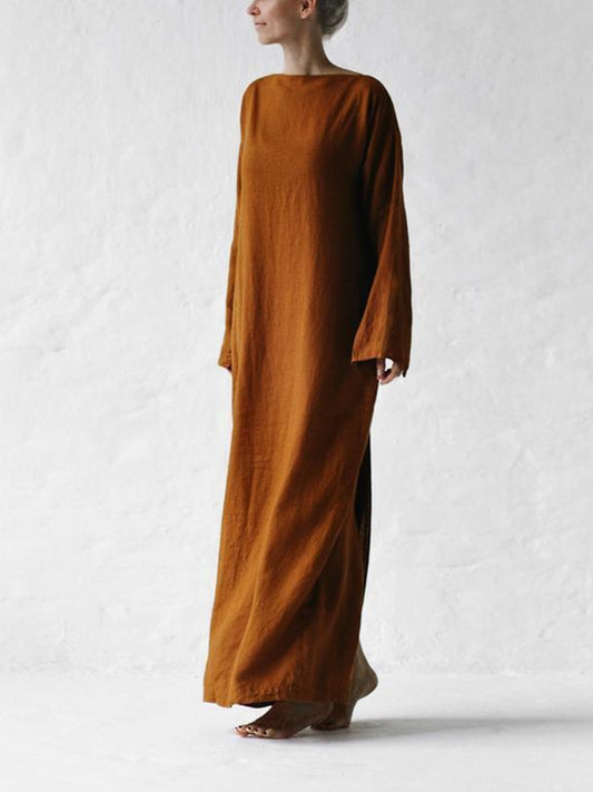 Minimalist Cotton Linen Long Sleeve Lace-up Maxi Dress