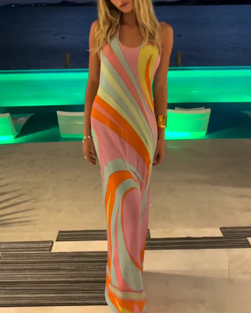 Fashion Color Printing Halter Dress