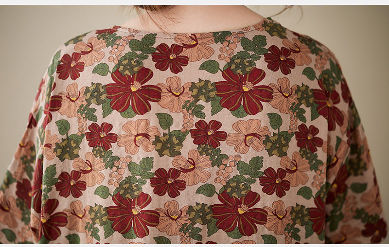 Ethnic Style Floral Print Short Sleeve Round Neck Maxi Dress