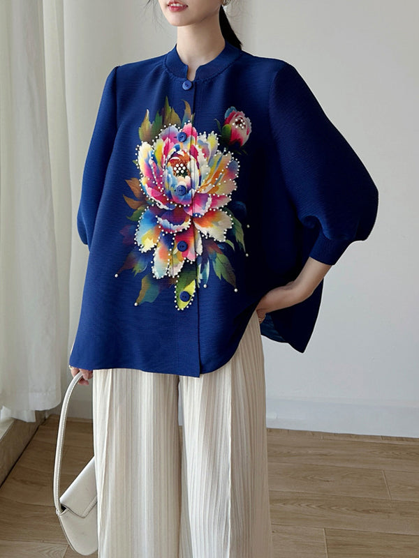 Loose Puff Sleeves Buttoned Flower Print Pleated Round-Neck T-Shirts Tops